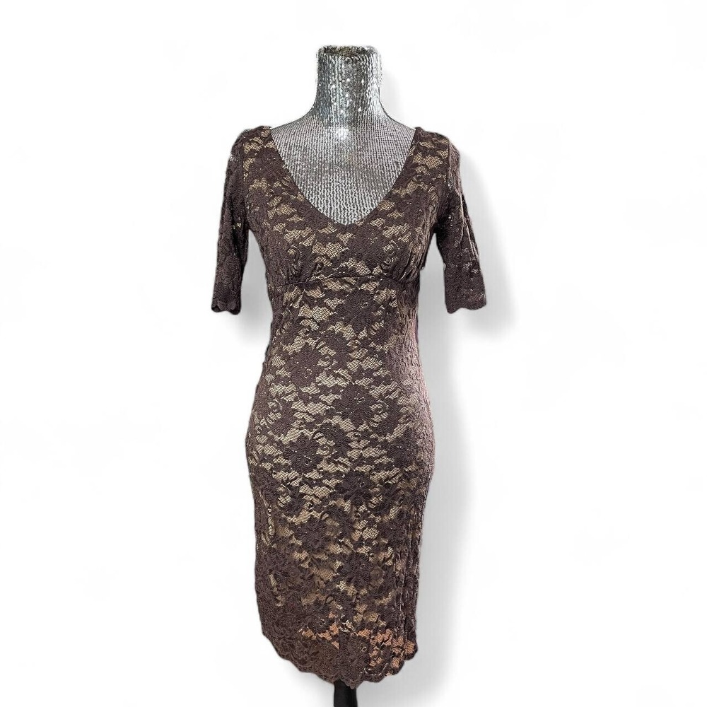 Vintage 90s Brown Floral Lace Mini Dress Y2K Fitted Cocktail‎ Size 6 Grunge